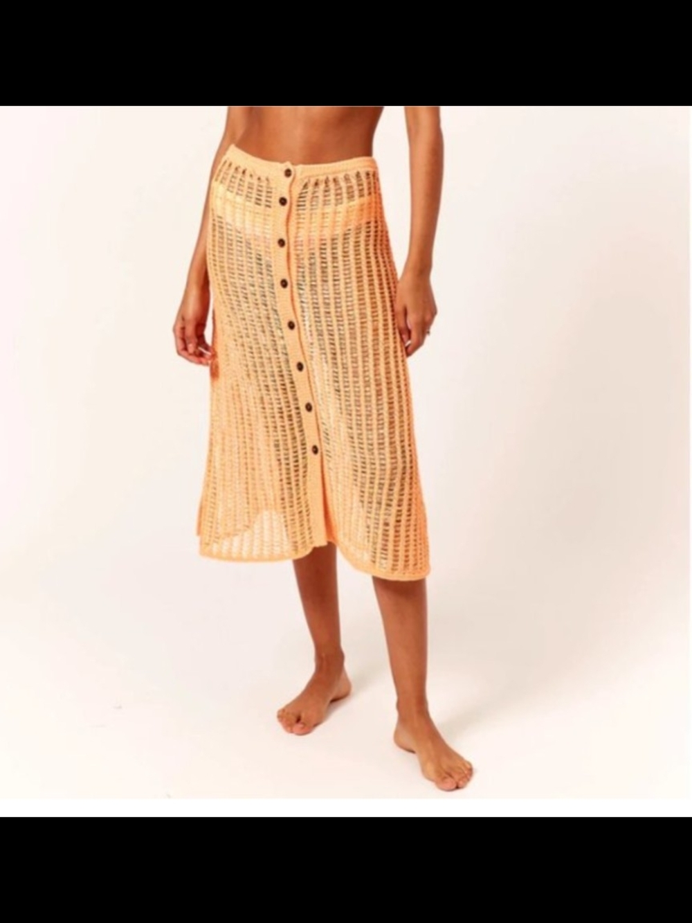 Solid And Striped Button Crochet Midi Skirt Beach Cover Up w Slits Orange Size M